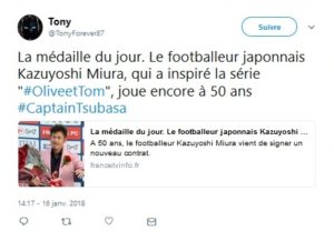 La médaille du jour. Le footballeur japonnais Kazuyoshi Miura, qui a inspiré la série #OliveetTom, joue encore à 50 ans #CaptainTsubasa